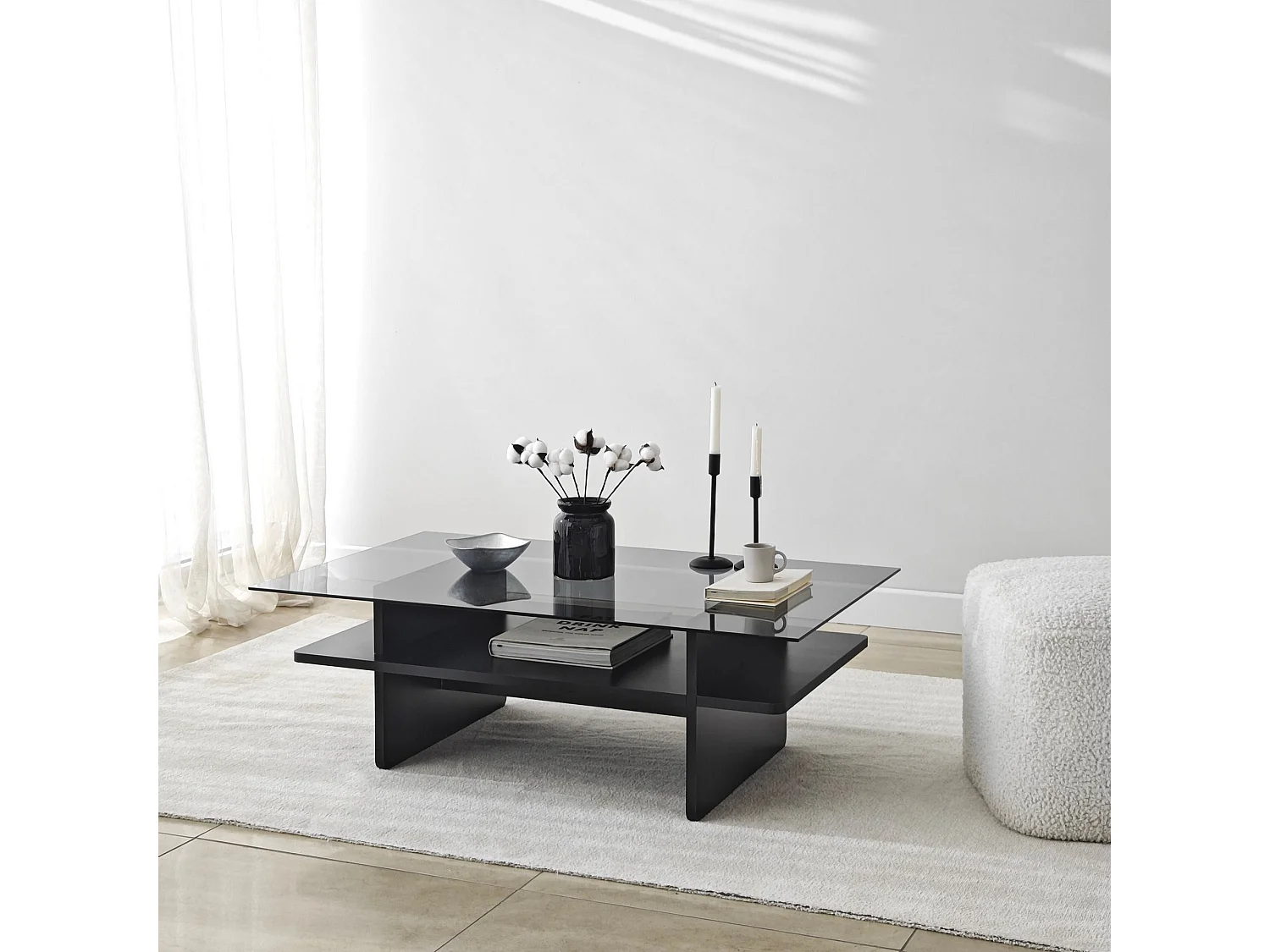 Table basse moderne Melisa L105cm Bois Noir et Verre trempé Fumé