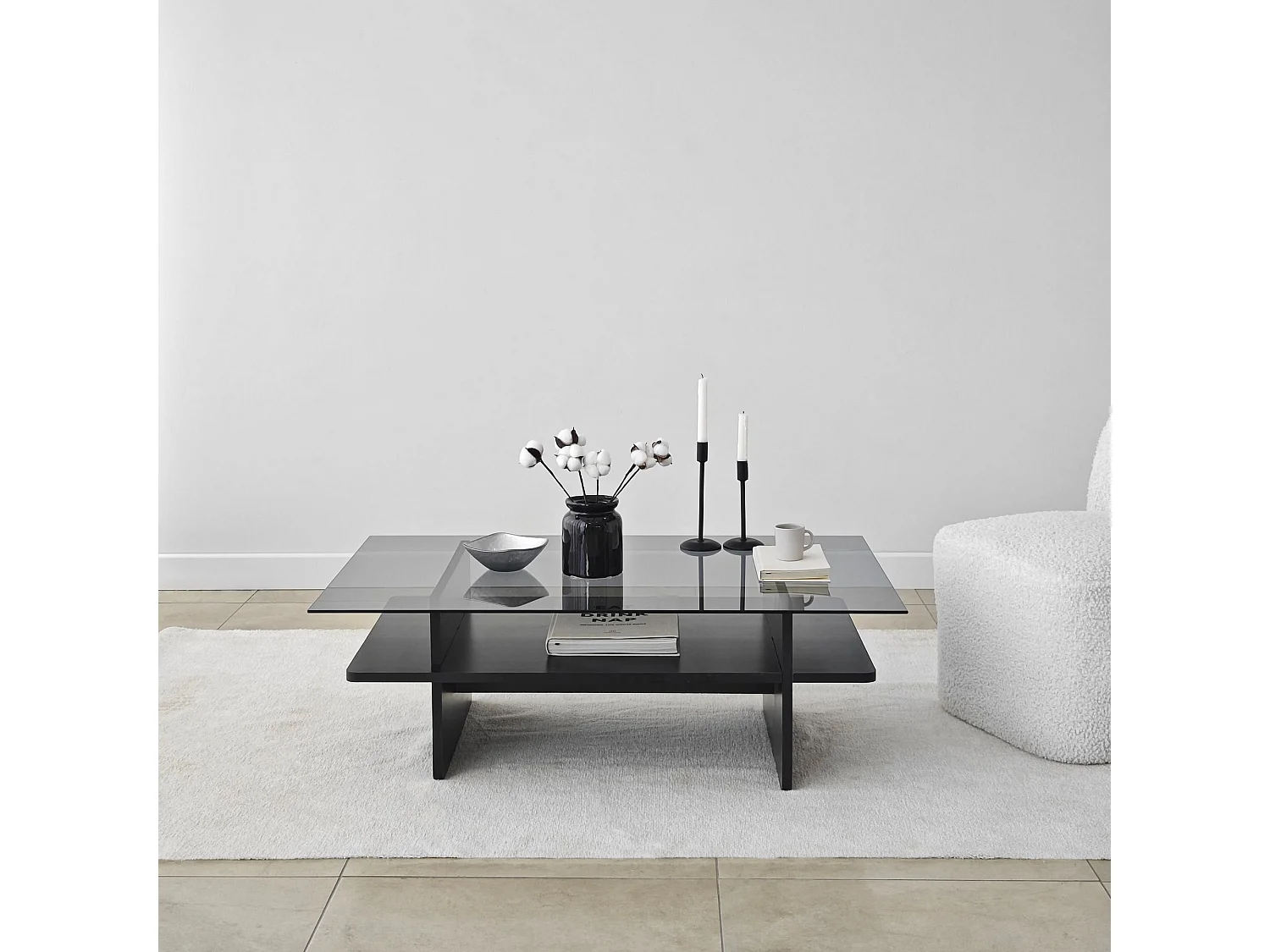 Table basse moderne Melisa L105cm Bois Noir et Verre trempé Fumé