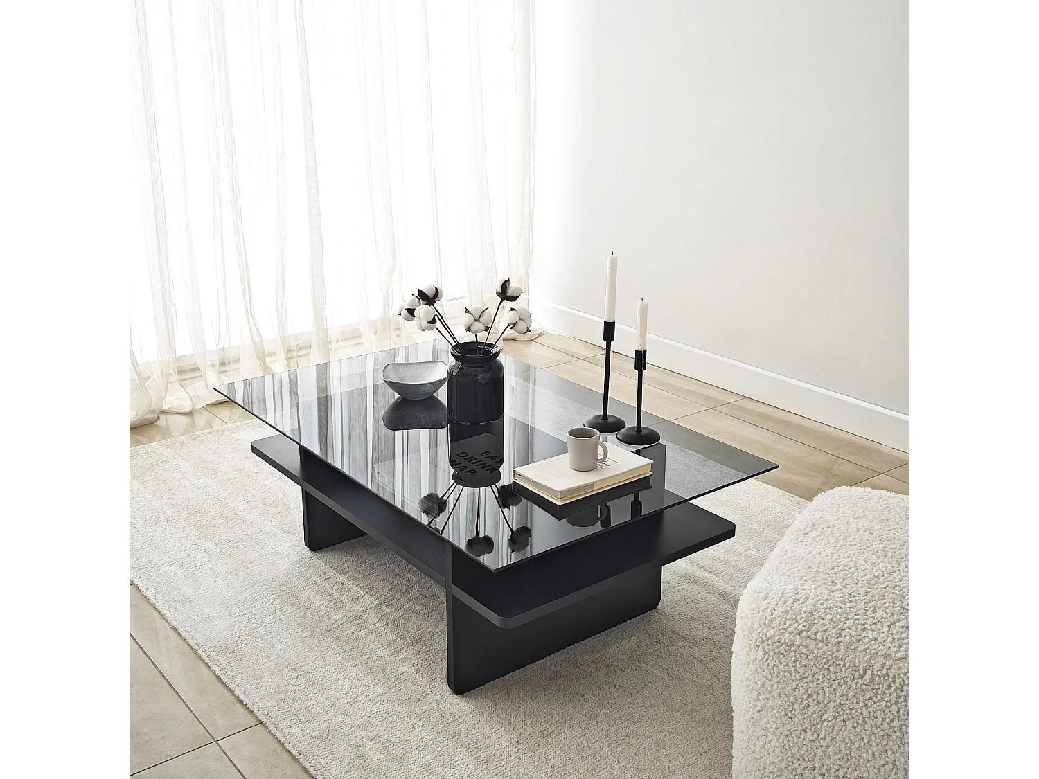 Table basse moderne Melisa L105cm Bois Noir et Verre trempé Fumé