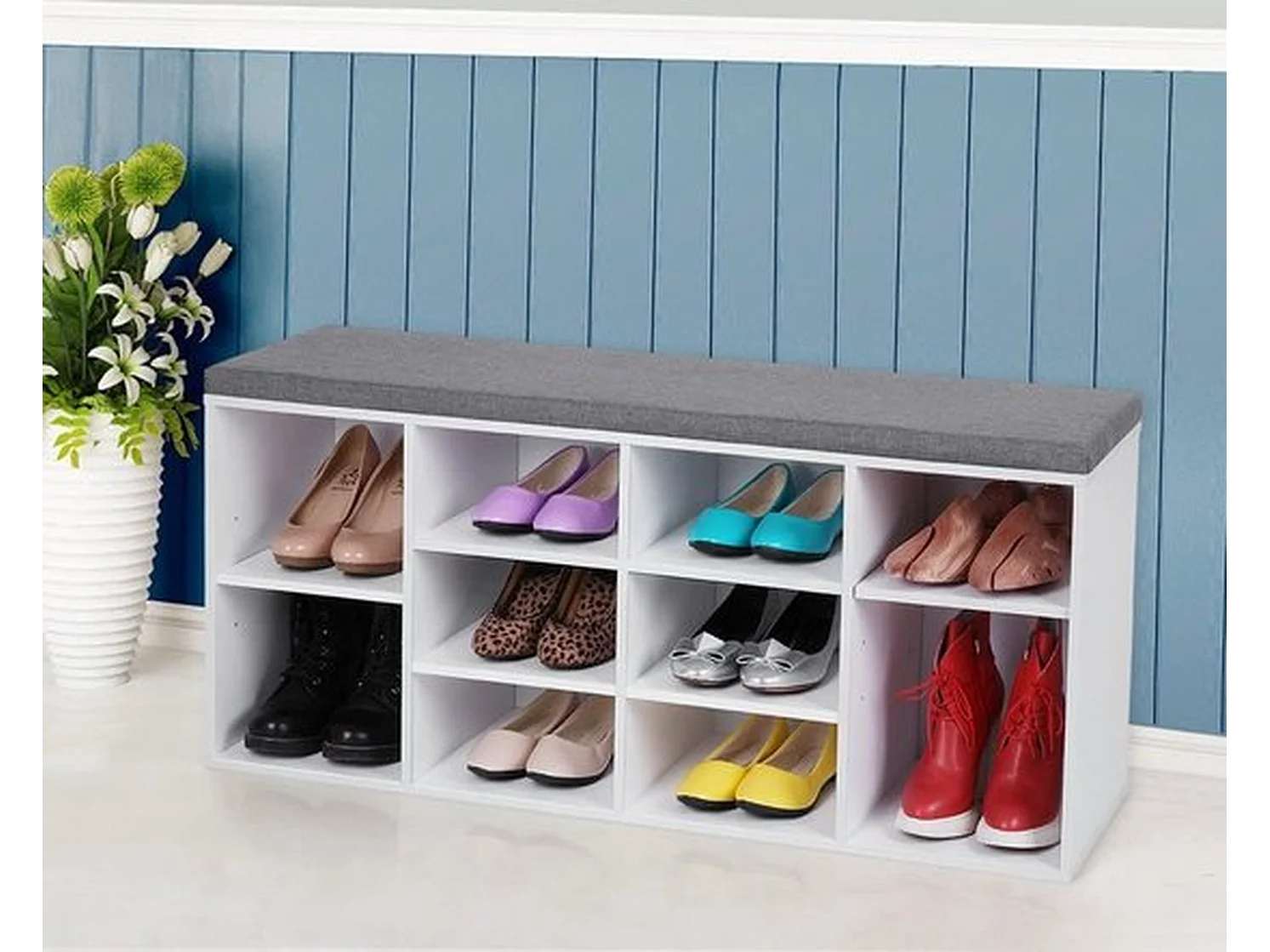 Schoenenkast met Zitvlak - Wit/ Grijs