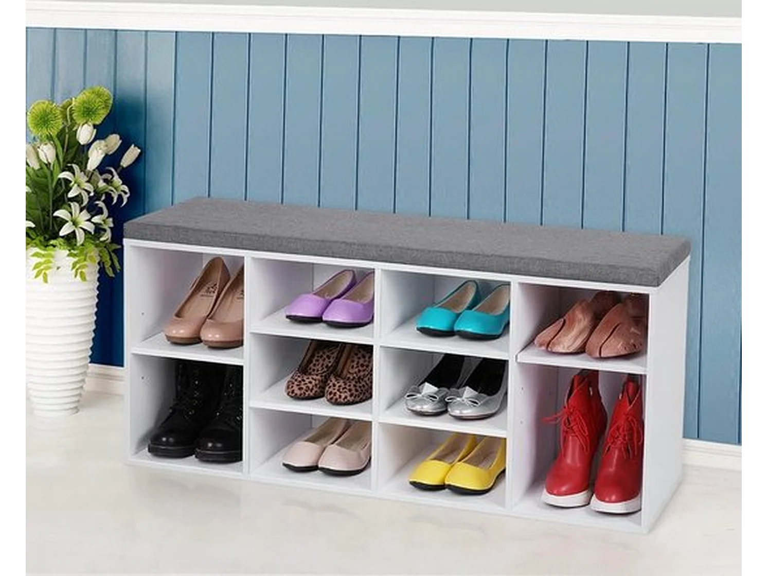 Schoenenkast met Zitvlak - Wit/ Grijs