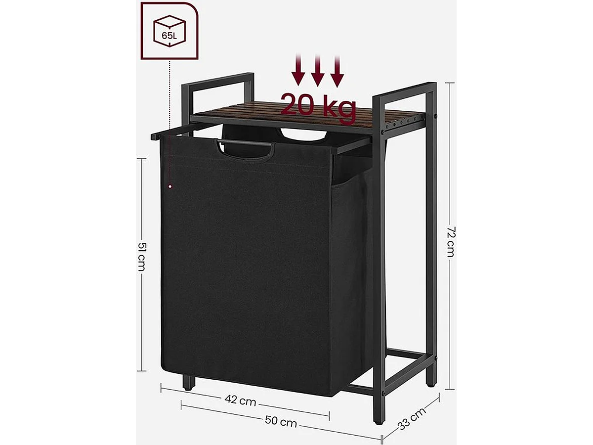 Wasmand, met plank, waskast, oxford stof wasstas, metalen frame, 65 l, 50 x 33 x 72 cm.