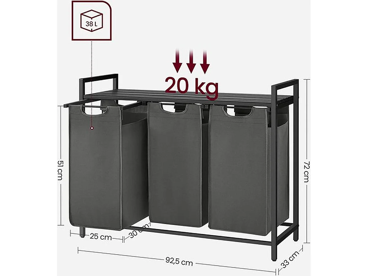 Wasmand Met 3 Vakken, Uittrekbaar Wassorteerder, Afneembaar Waszak, 3 X 38L, 92,5 X 33 X 72 Cm