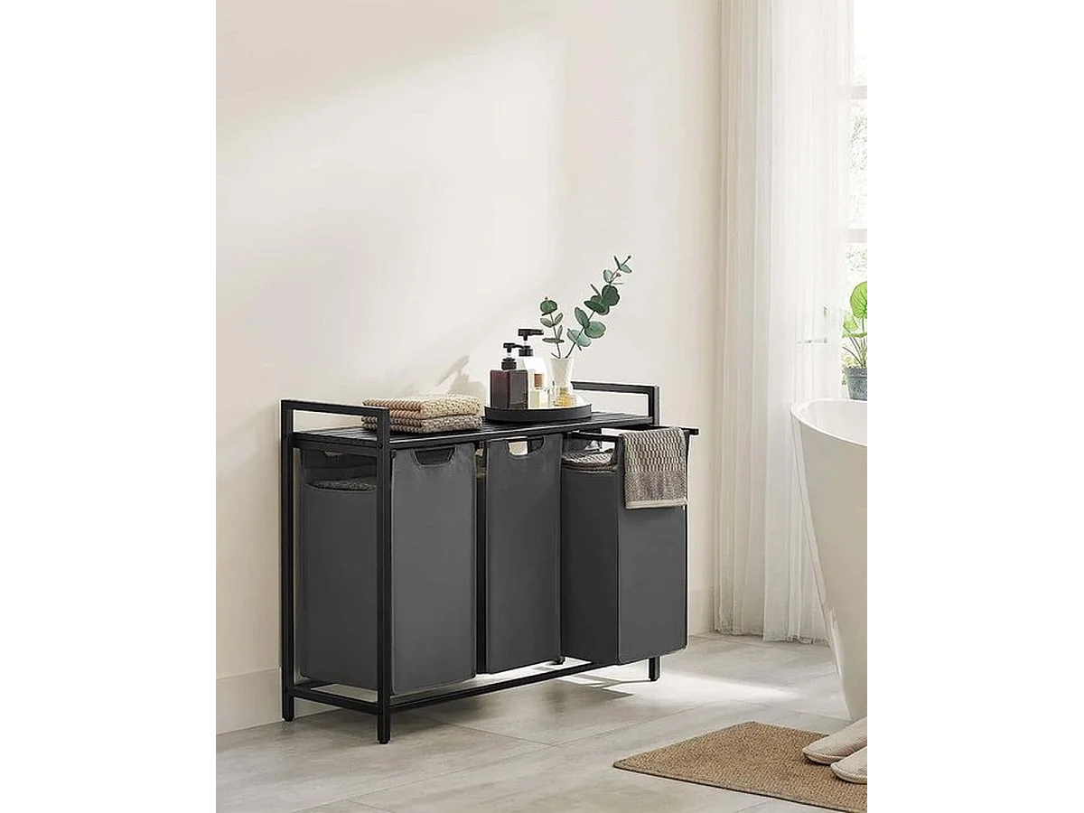 Wasmand Met 3 Vakken, Uittrekbaar Wassorteerder, Afneembaar Waszak, 3 X 38L, 92,5 X 33 X 72 Cm