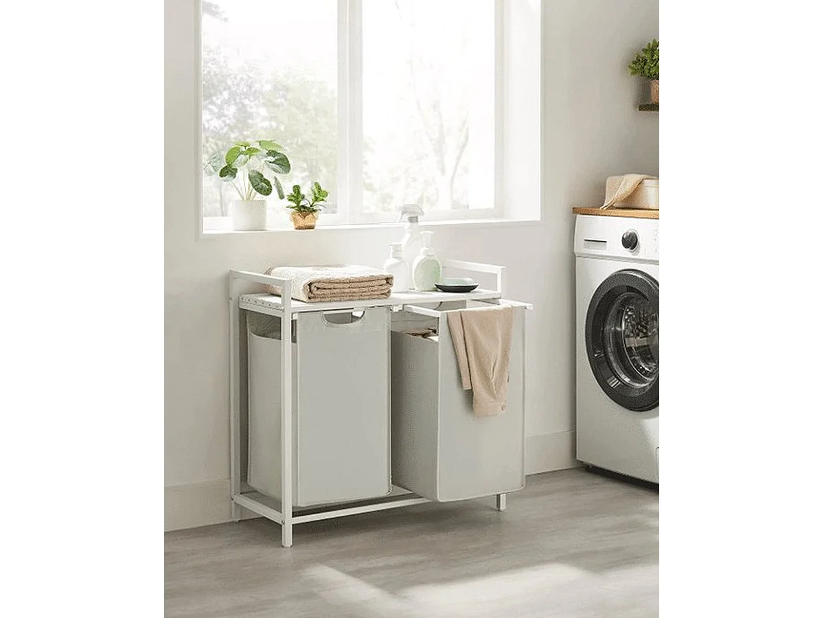 Wasmand 2 compartimenten, wasmand met plank, waskast, 2 x 46 l, 73 x 33 x 72 cm, wit