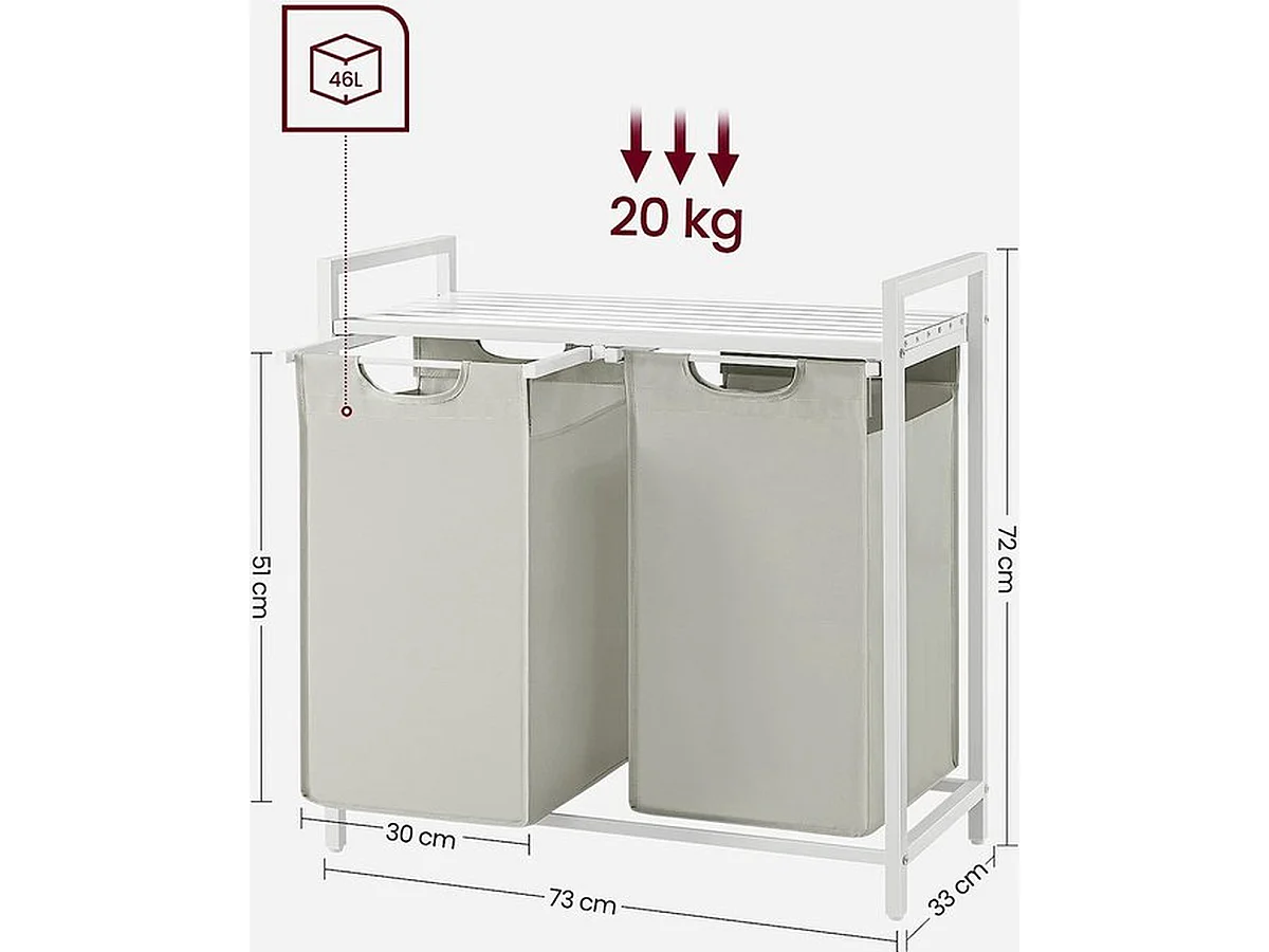 Wasmand 2 compartimenten, wasmand met plank, waskast, 2 x 46 l, 73 x 33 x 72 cm, wit
