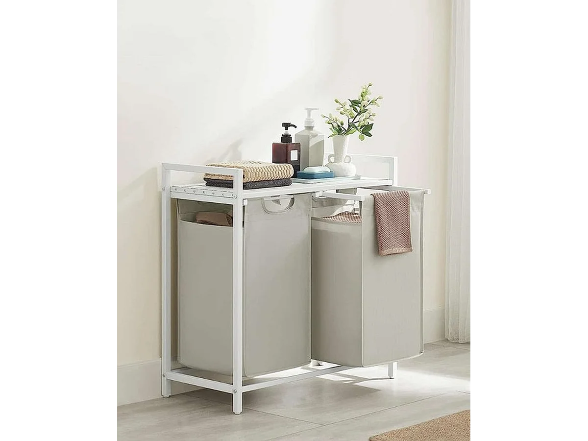 Wasmand 2 compartimenten, wasmand met plank, waskast, 2 x 46 l, 73 x 33 x 72 cm, wit