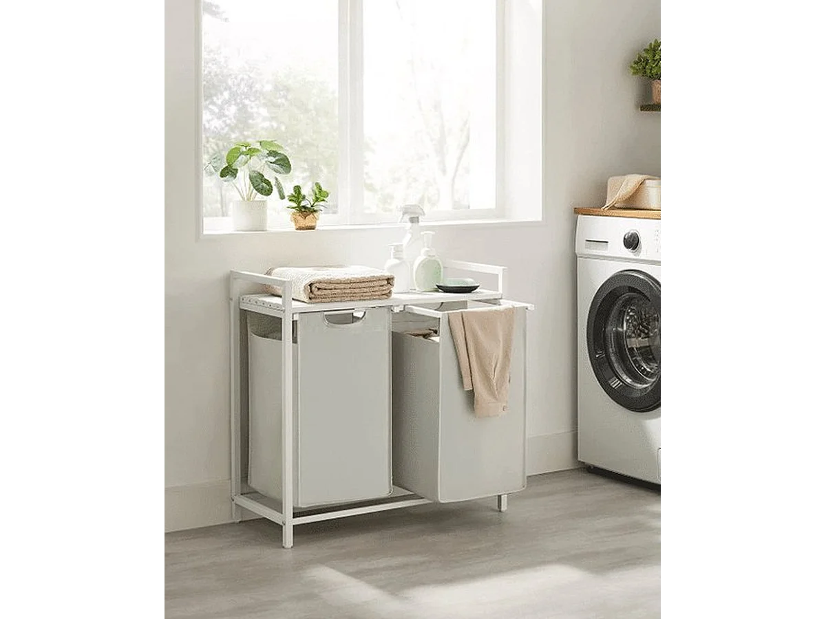 Wasmand 2 compartimenten, wasmand met plank, waskast, 2 x 46 l, 73 x 33 x 72 cm, wit