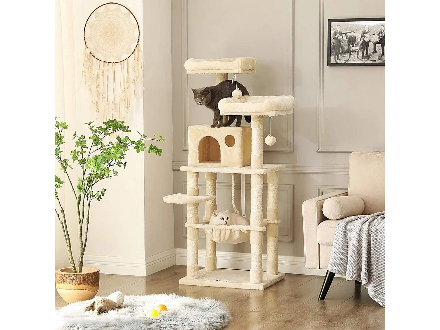 Bobbel Home - krabpaal - 143 cm - stabiele krabpaal met kattenhuis -Beige