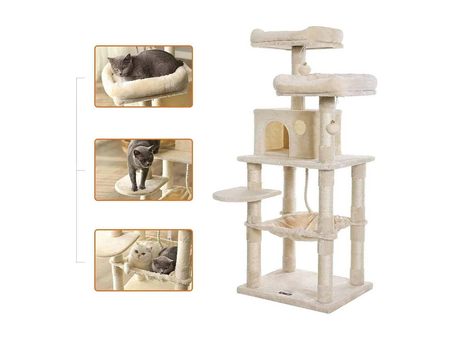 Bobbel Home - krabpaal - 143 cm - stabiele krabpaal met kattenhuis -Beige