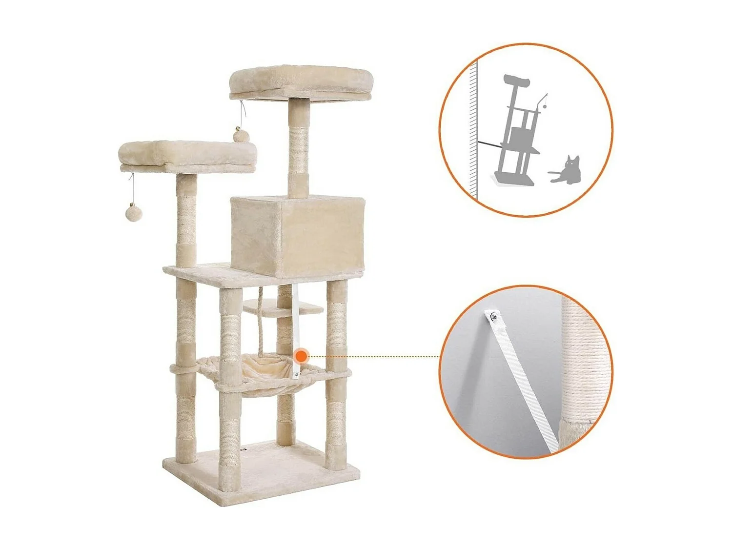 Bobbel Home - krabpaal - 143 cm - stabiele krabpaal met kattenhuis -Beige