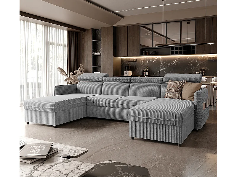 Canapé d'angle Beni U convertible en tissu Gris clair