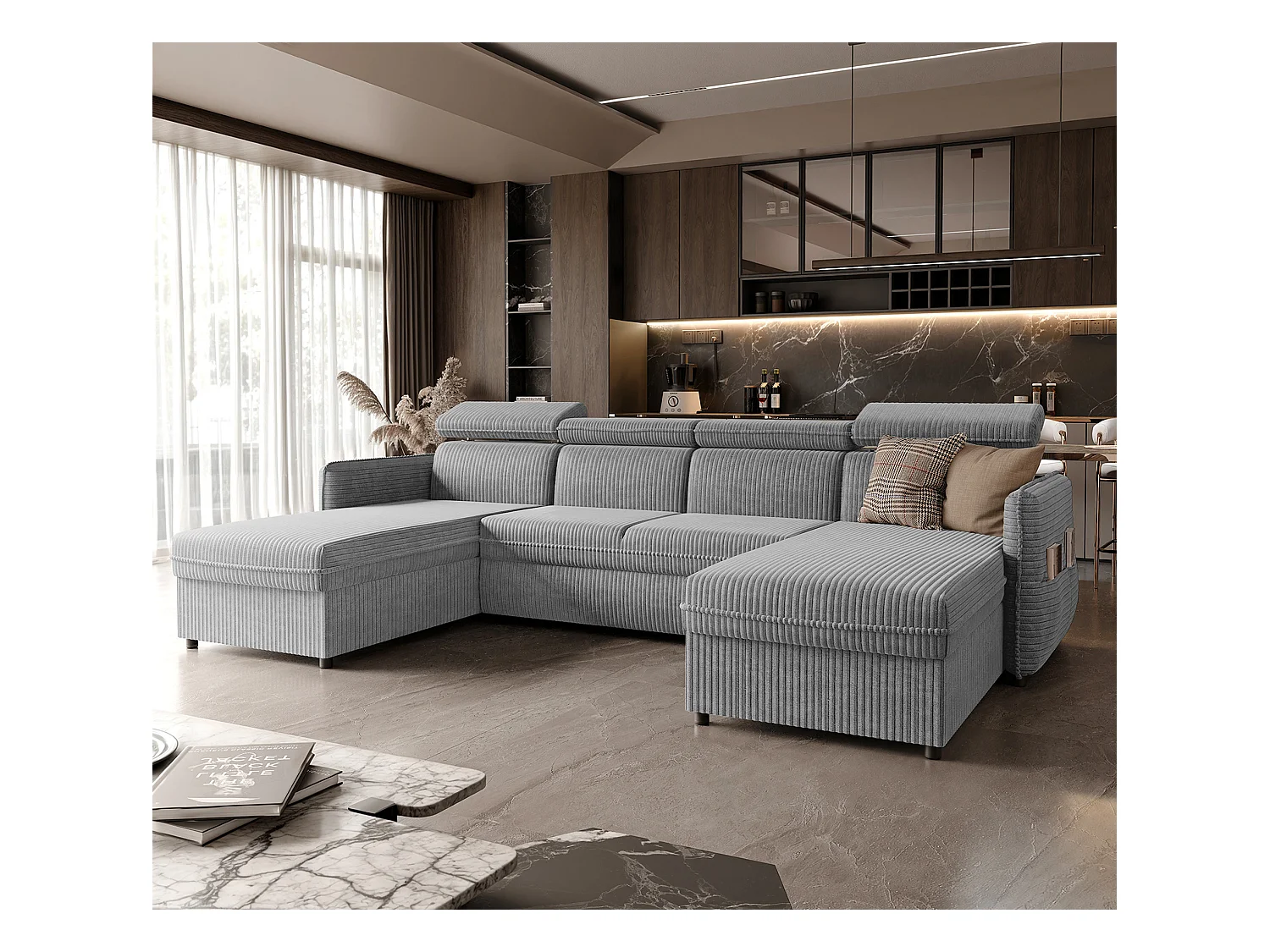 Canapé d'angle Beni U convertible en tissu Gris clair