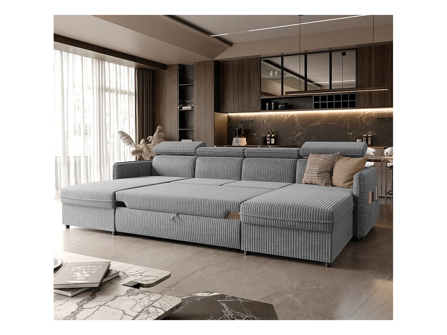 Canapé d'angle Beni U convertible en tissu Gris clair