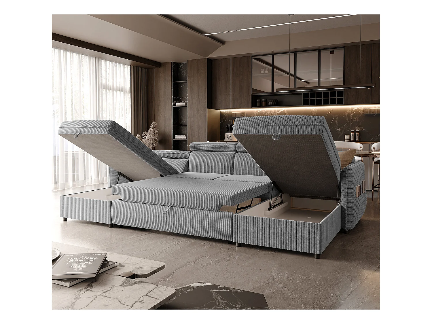 Canapé d'angle Beni U convertible en tissu Gris clair