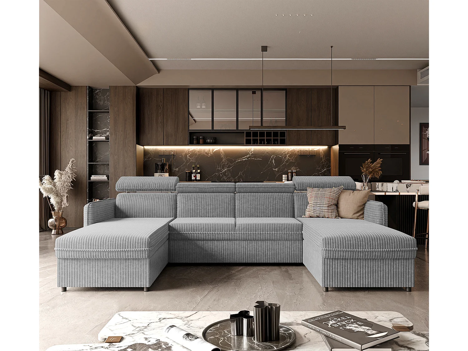 Canapé d'angle Beni U convertible en tissu Gris clair