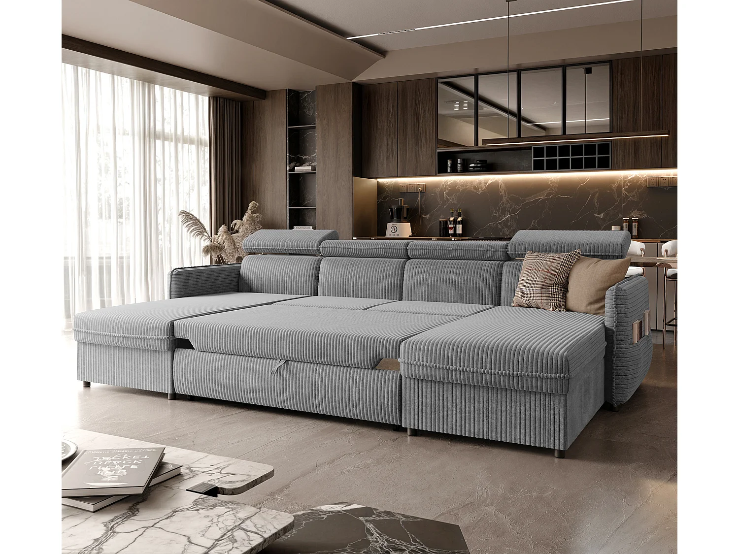 Canapé d'angle Beni U convertible en tissu Gris clair