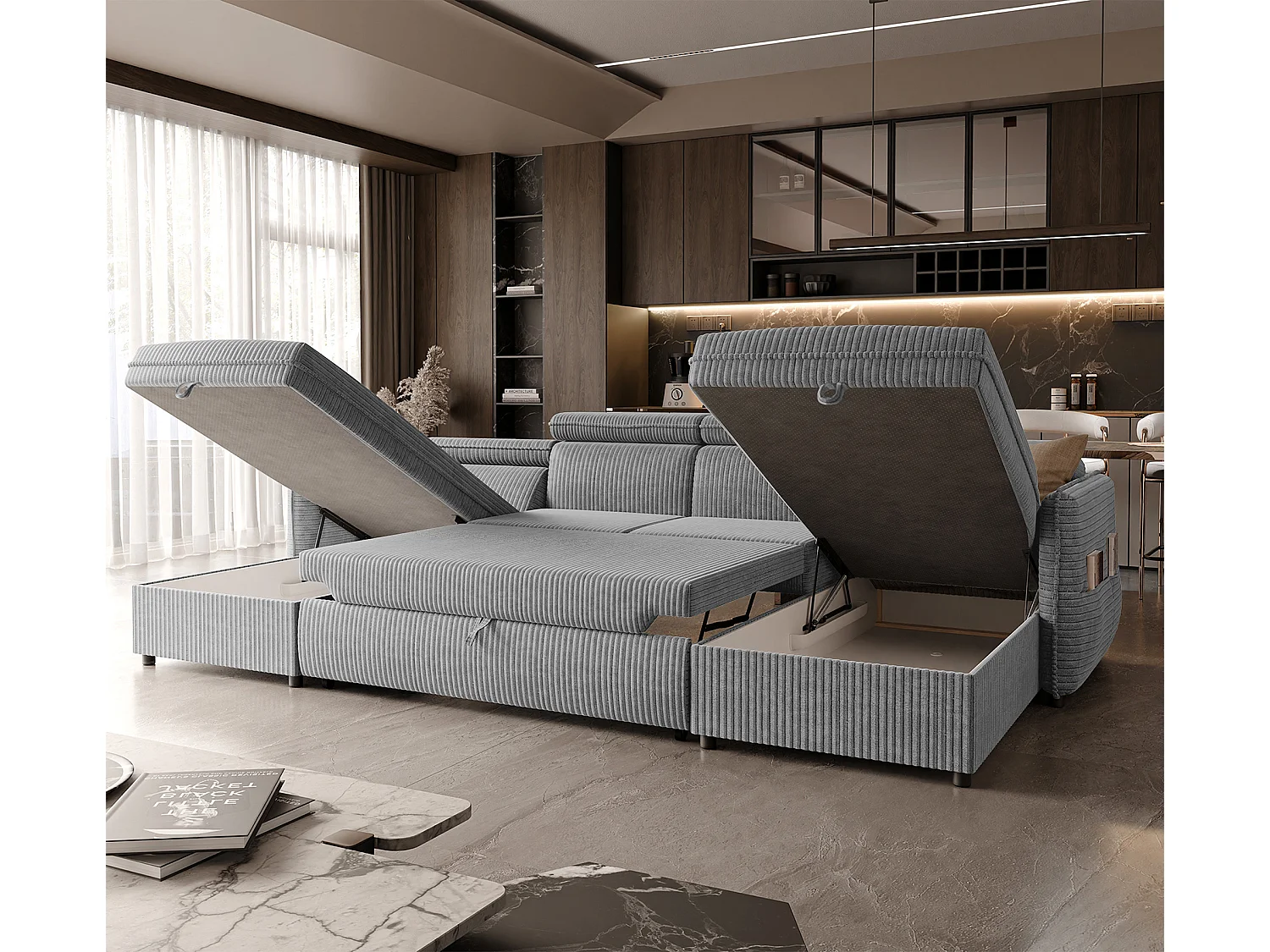 Canapé d'angle Beni U convertible en tissu Gris clair