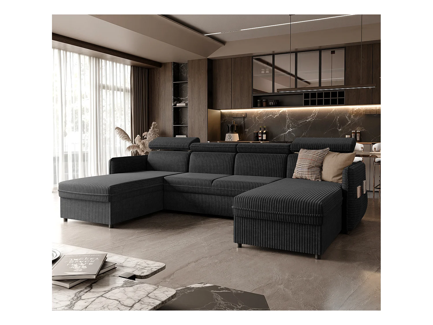 Canapé d'angle Beni U convertible en tissu Noir