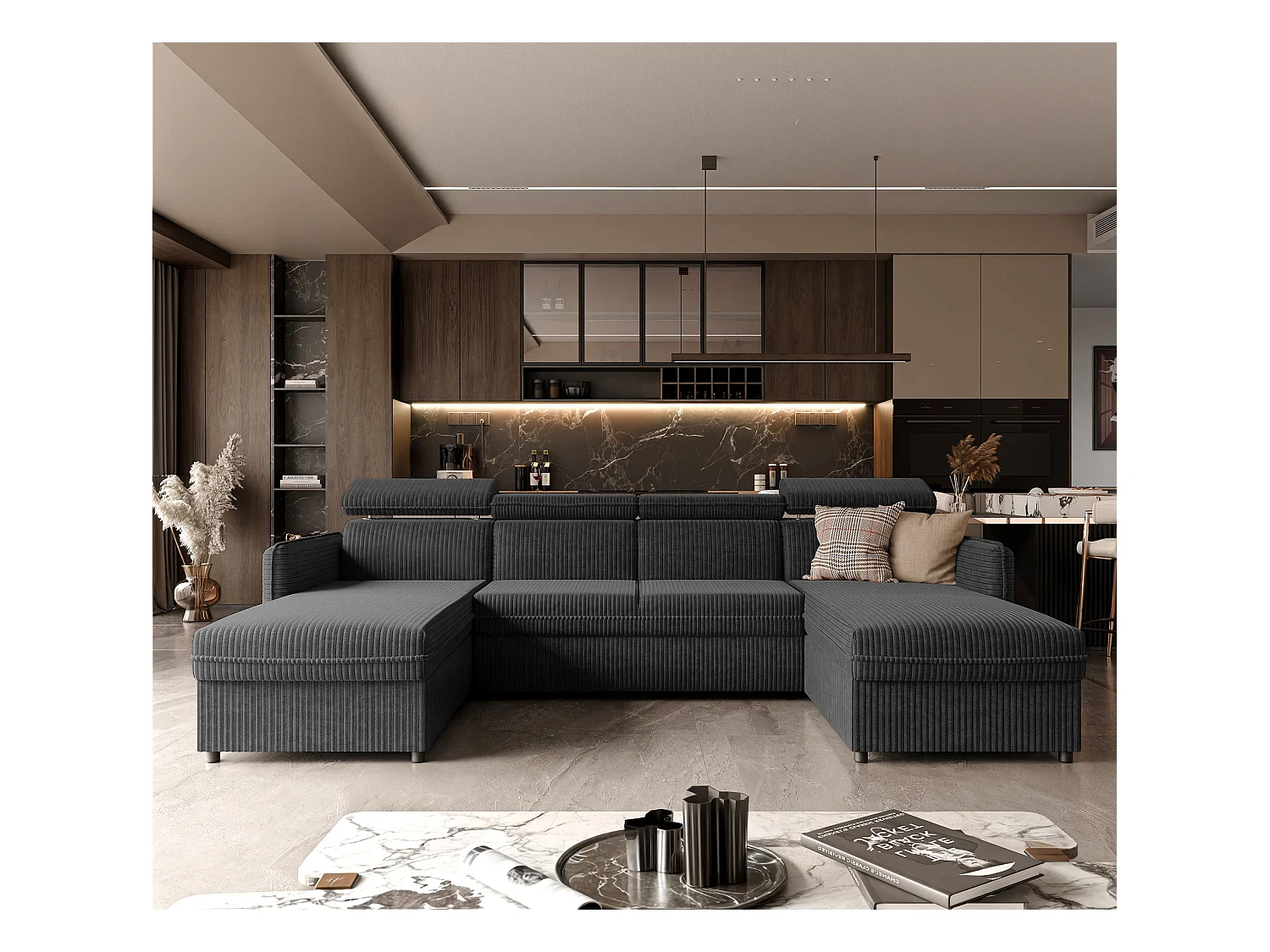 Canapé d'angle Beni U convertible en tissu Noir