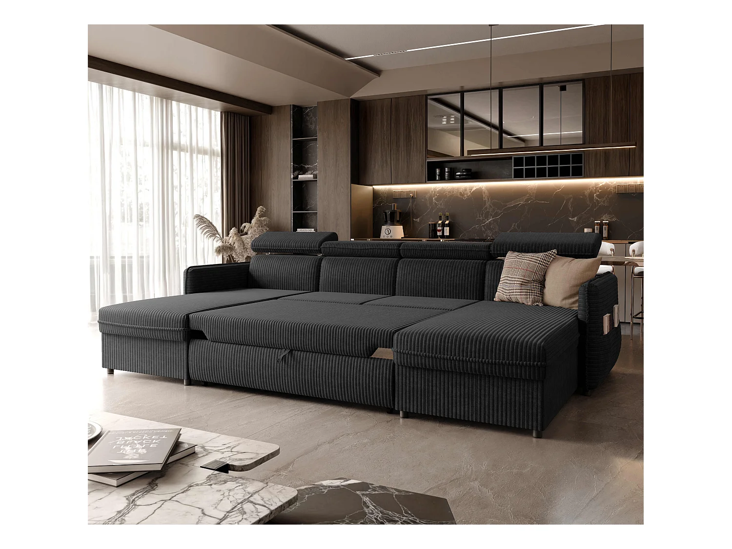 Canapé d'angle Beni U convertible en tissu Noir