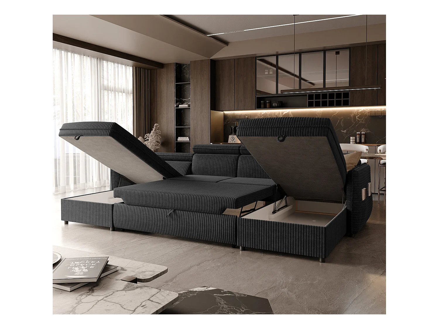 Canapé d'angle Beni U convertible en tissu Noir