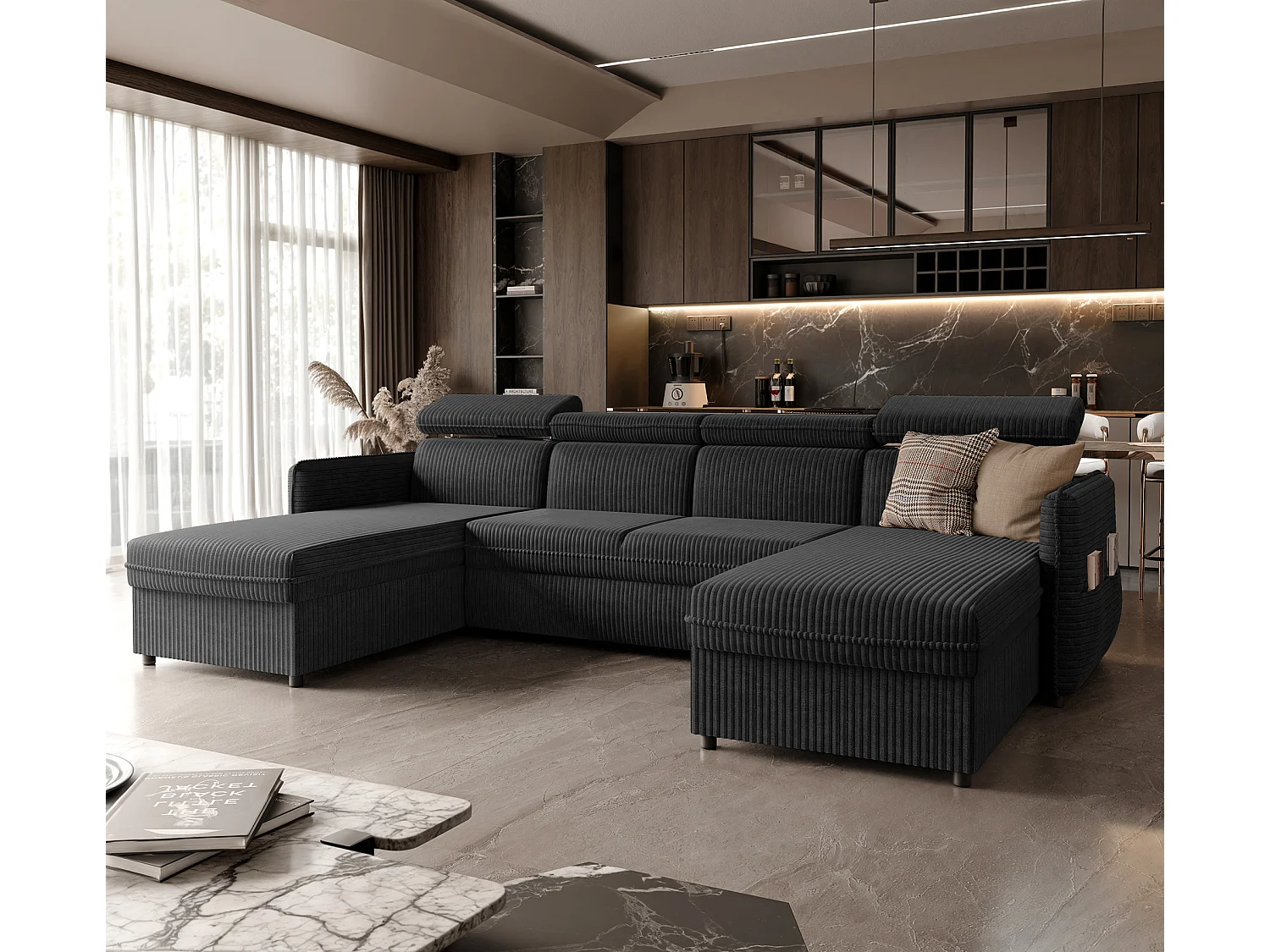 Canapé d'angle Beni U convertible en tissu Noir