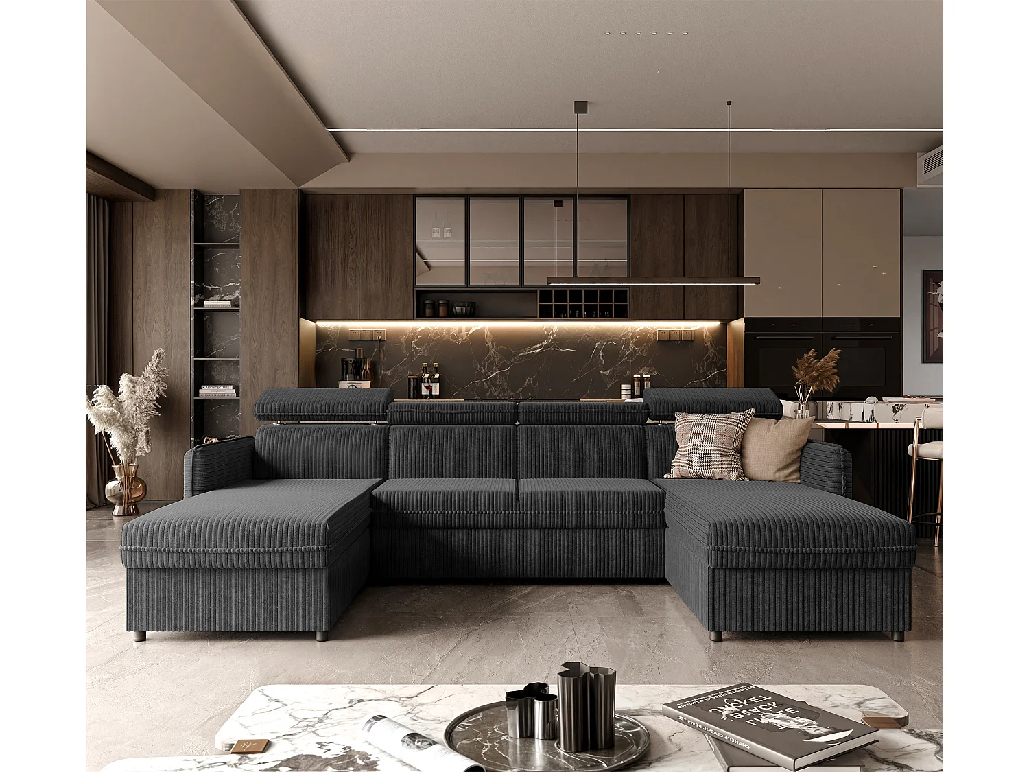 Canapé d'angle Beni U convertible en tissu Noir