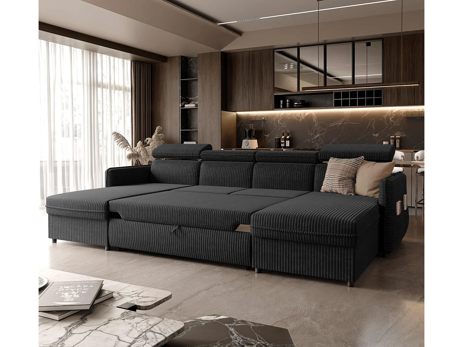 Canapé d'angle Beni U convertible en tissu Noir