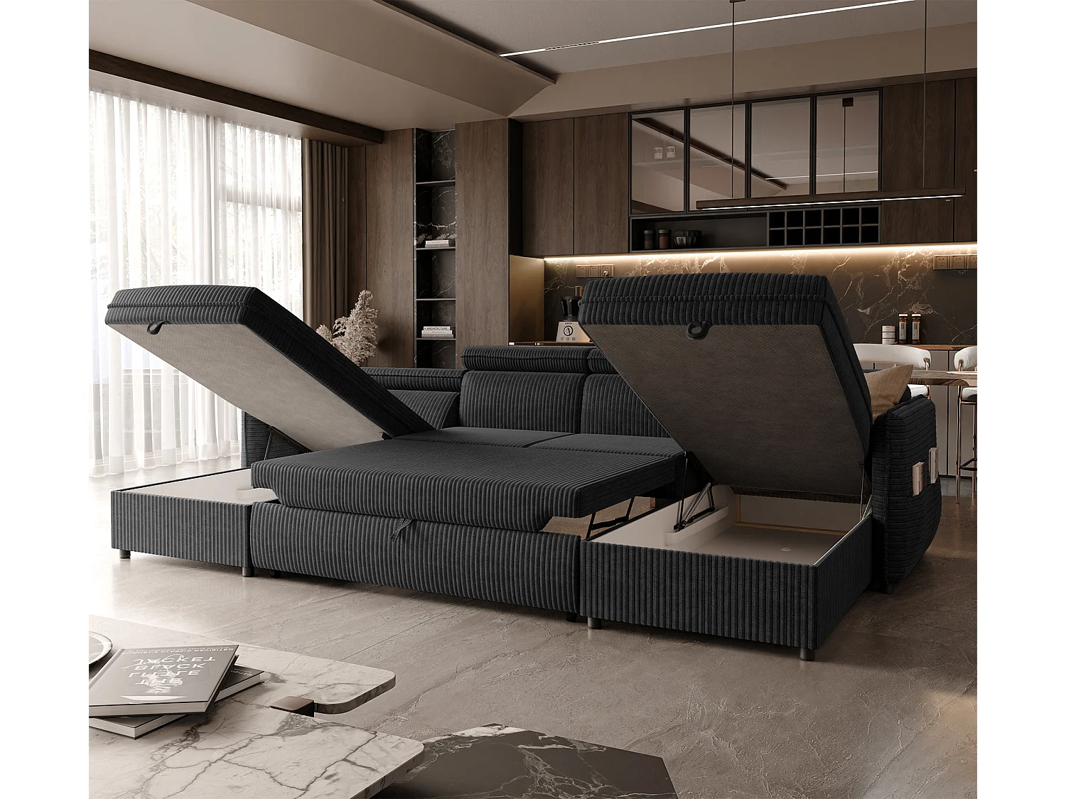 Canapé d'angle Beni U convertible en tissu Noir