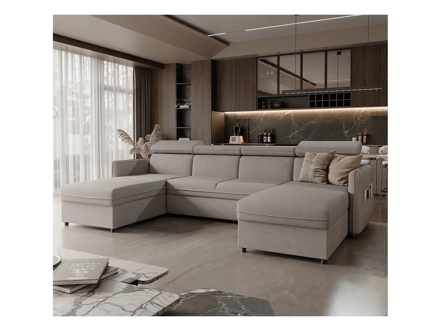 Canapé d'angle Beni U convertible en tissu Gris