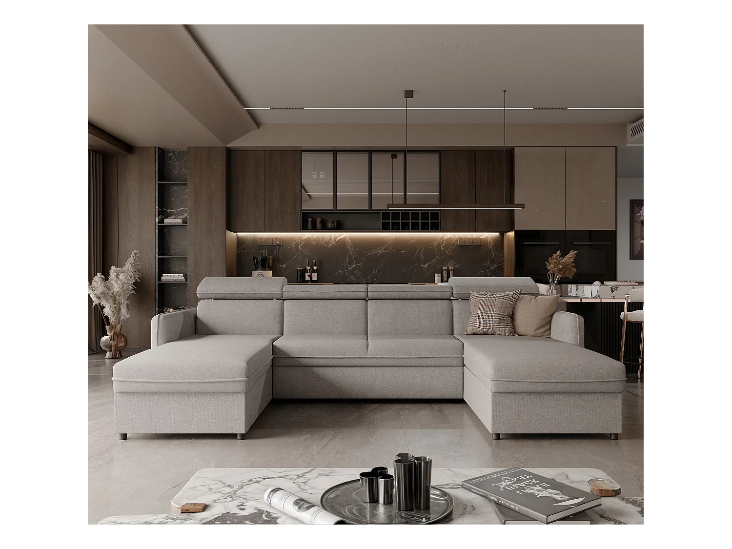 Canapé d'angle Beni U convertible en tissu Gris