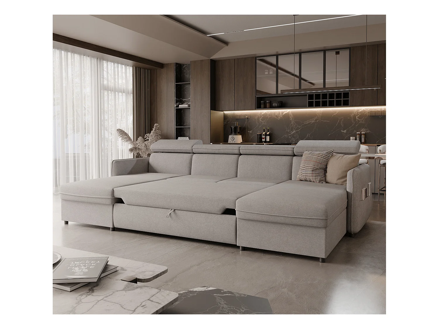 Canapé d'angle Beni U convertible en tissu Gris