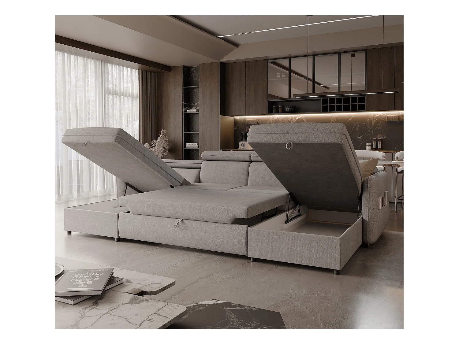 Canapé d'angle Beni U convertible en tissu Gris