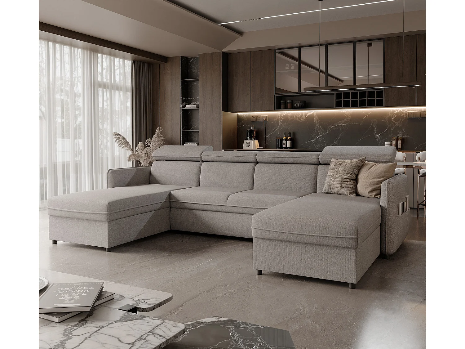 Canapé d'angle Beni U convertible en tissu Gris