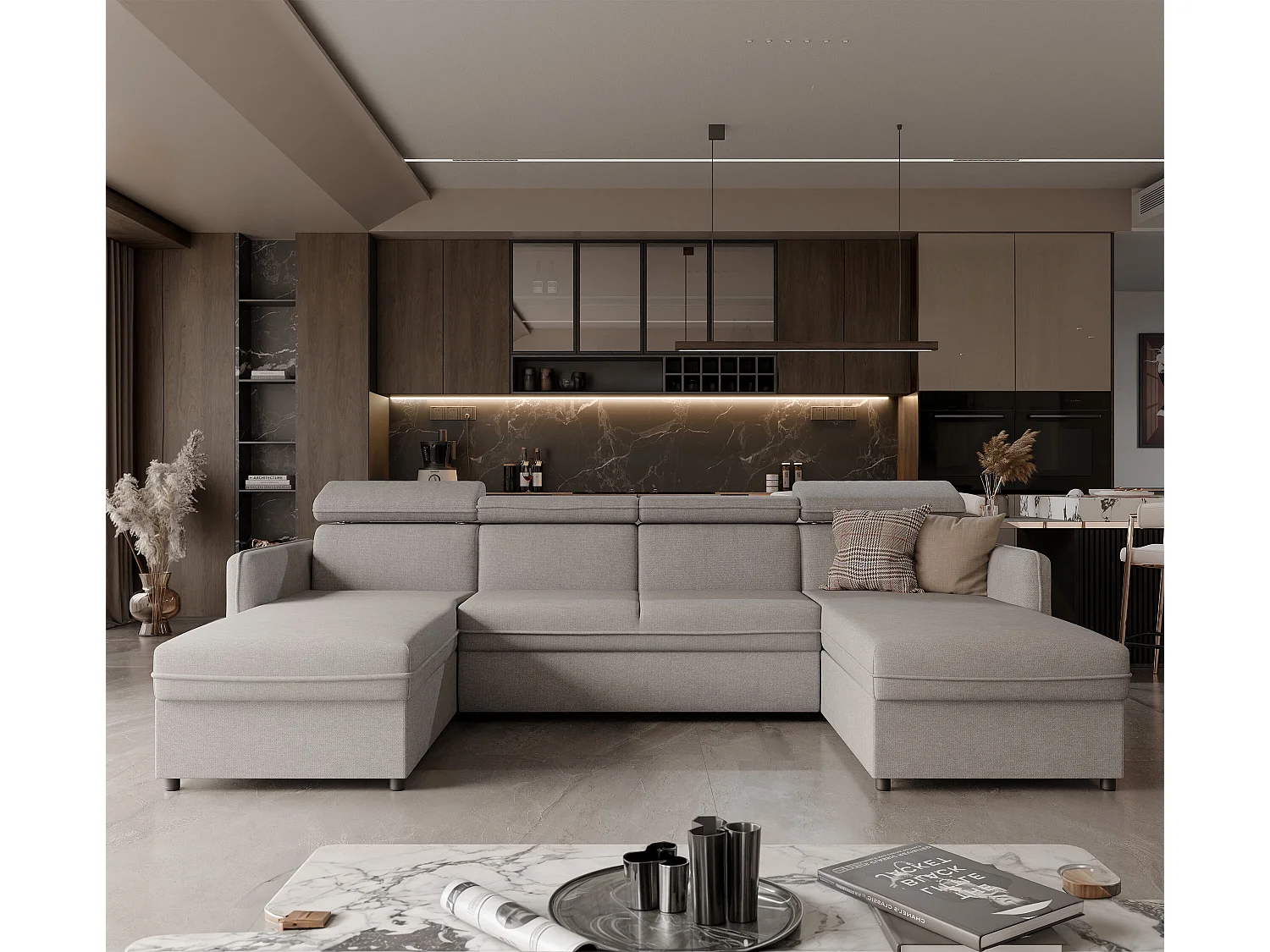 Canapé d'angle Beni U convertible en tissu Gris