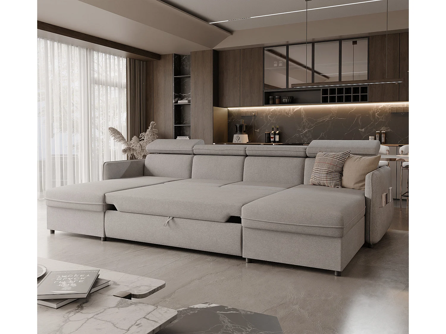 Canapé d'angle Beni U convertible en tissu Gris