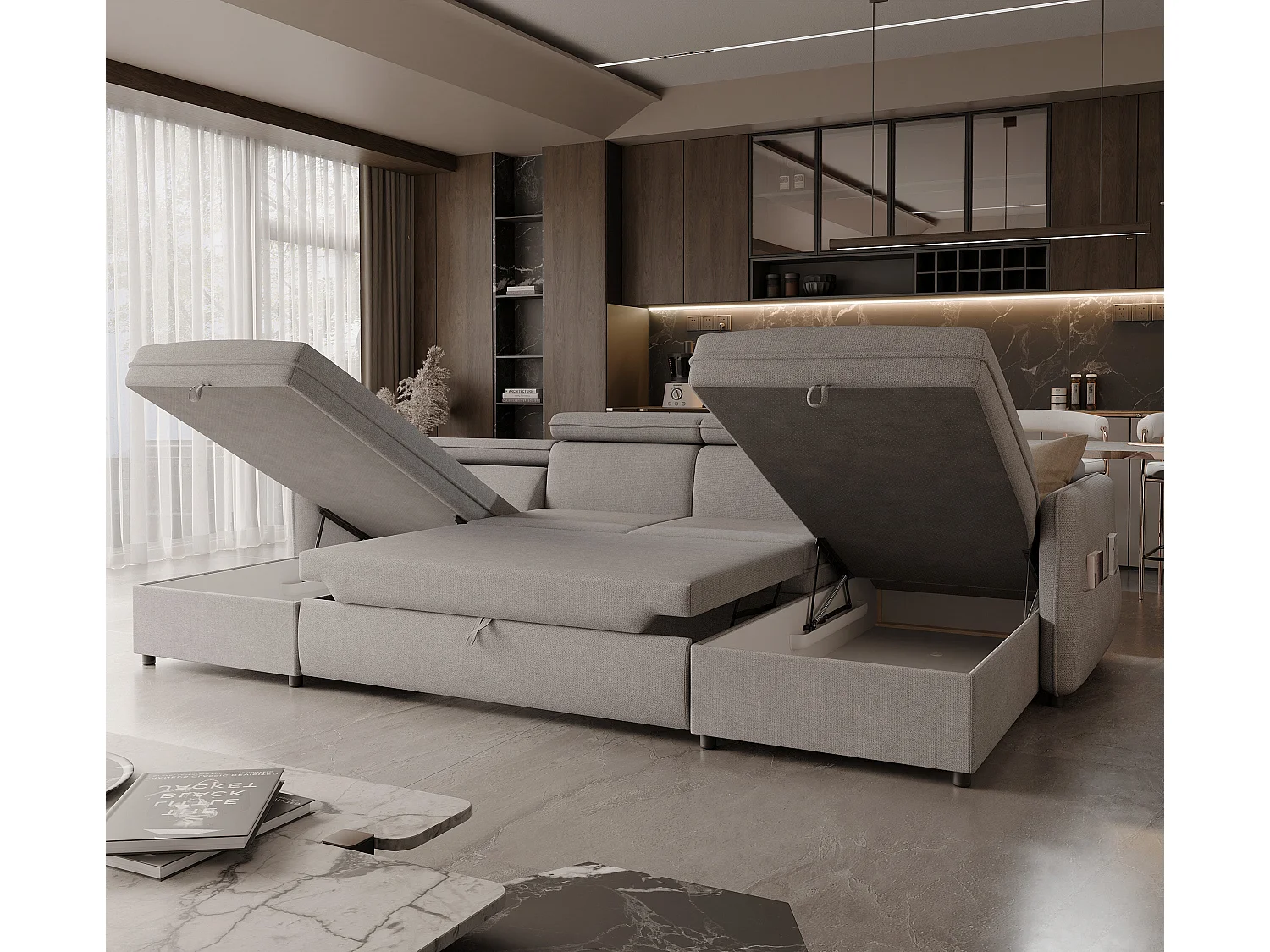 Canapé d'angle Beni U convertible en tissu Gris