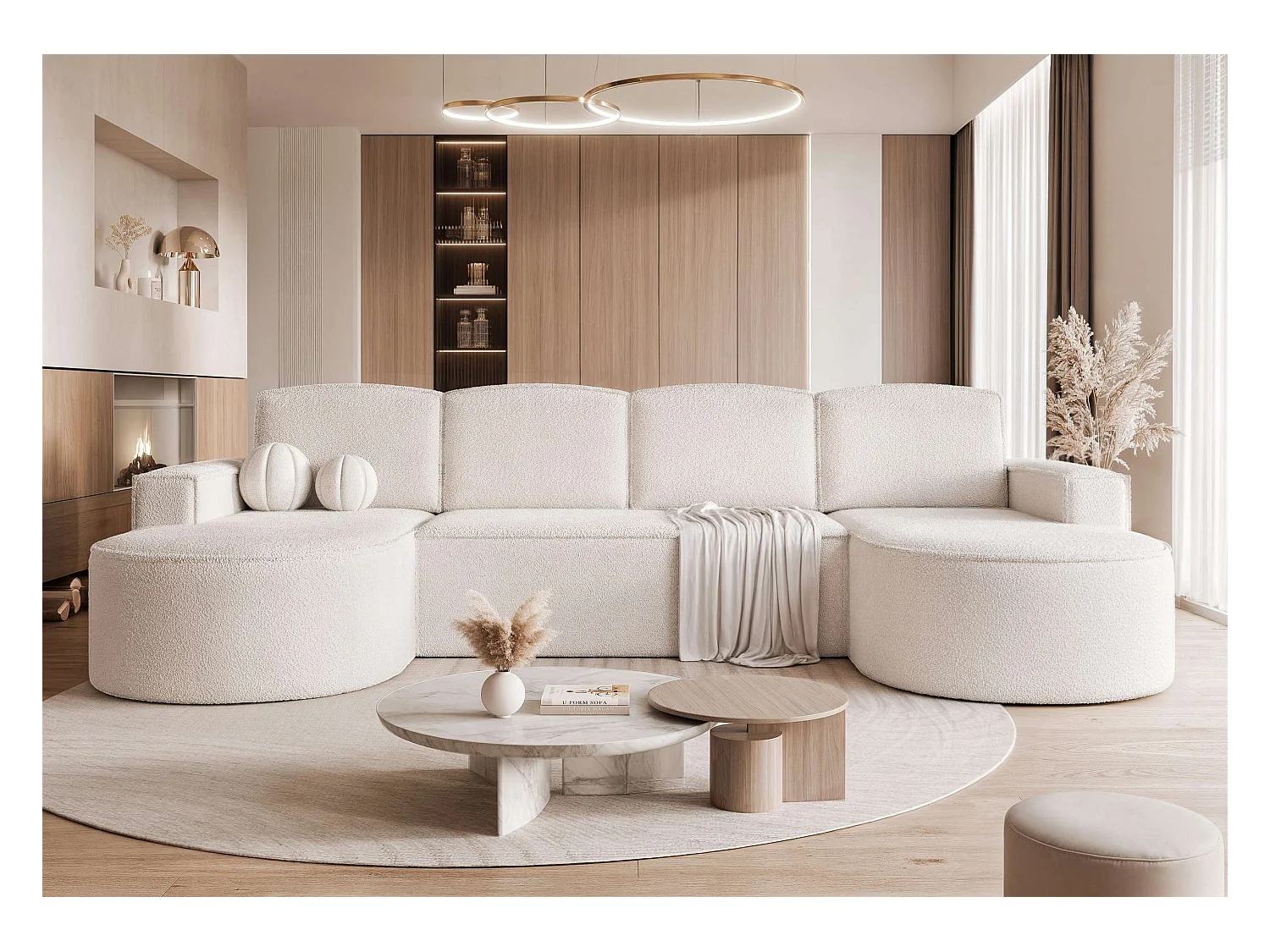 Canapé avec fonction couchage, Crème Bouclé