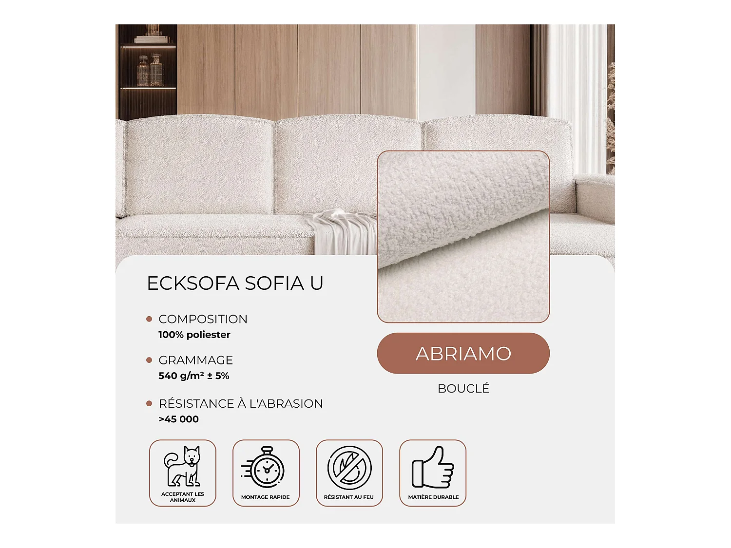 Canapé avec fonction couchage, Crème Bouclé