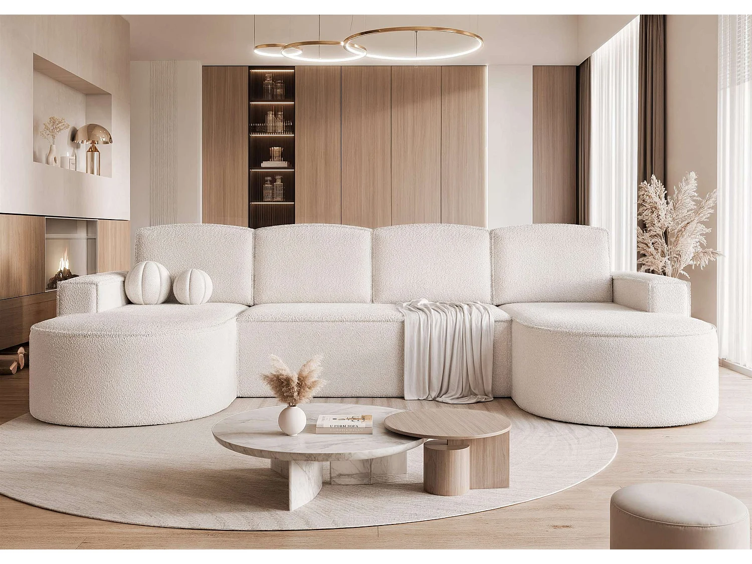 Canapé avec fonction couchage, Crème Bouclé