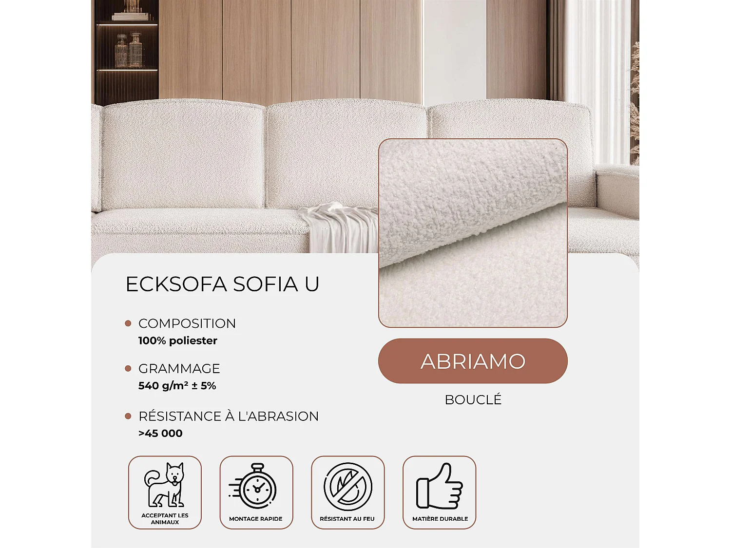 Canapé avec fonction couchage, Crème Bouclé