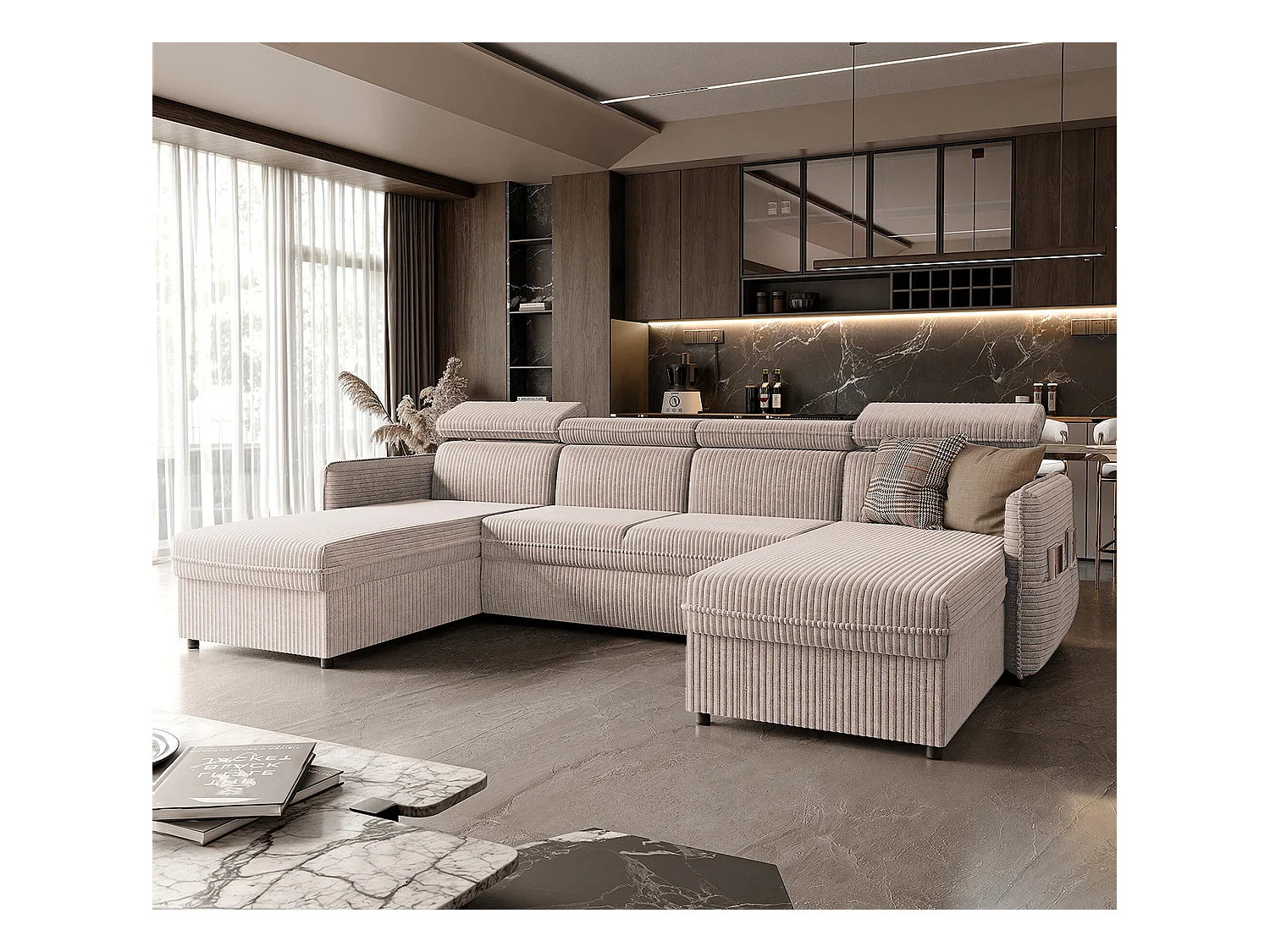 Canapé d'angle Beni U convertible en tissu Beige