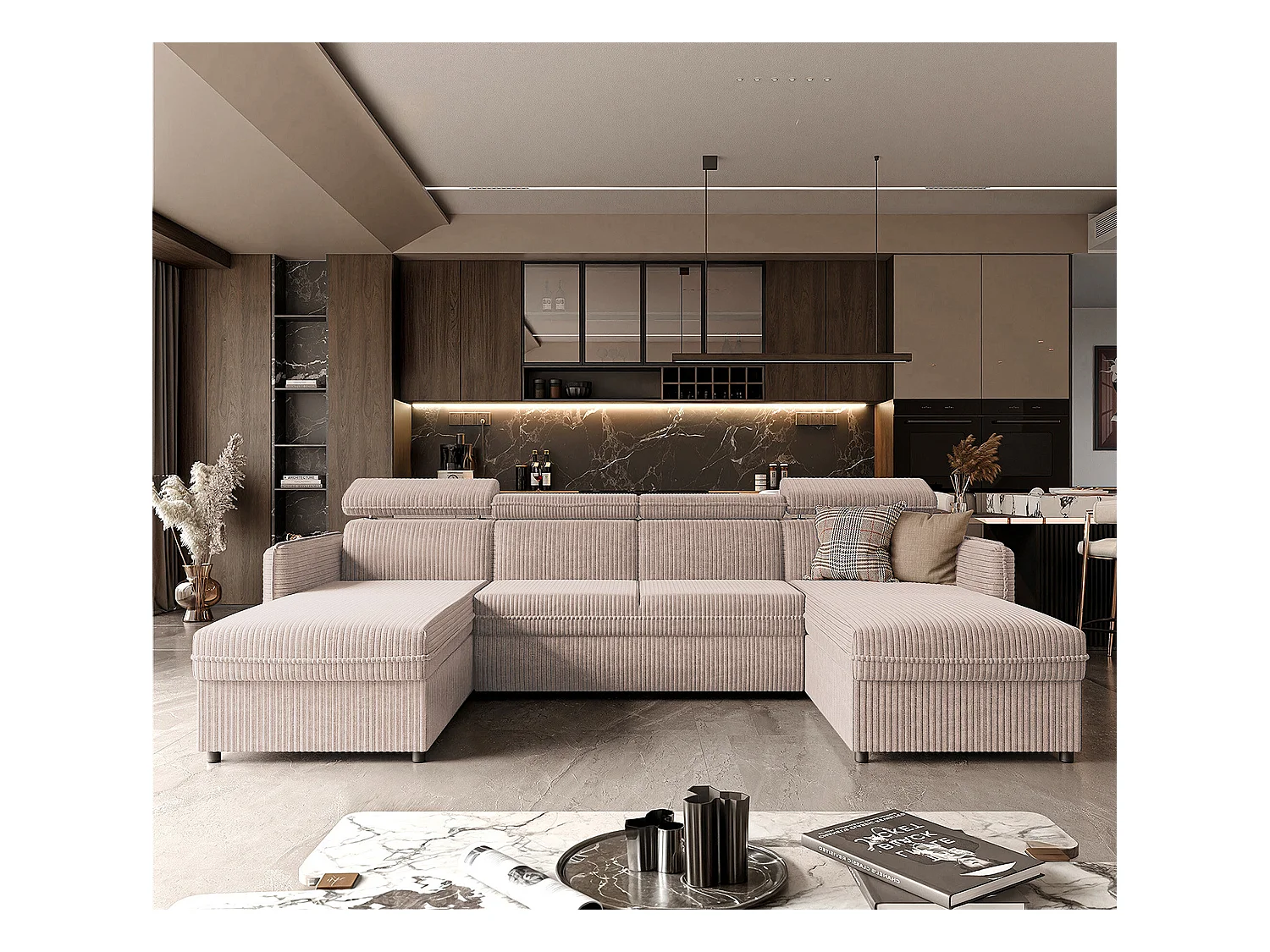 Canapé d'angle Beni U convertible en tissu Beige