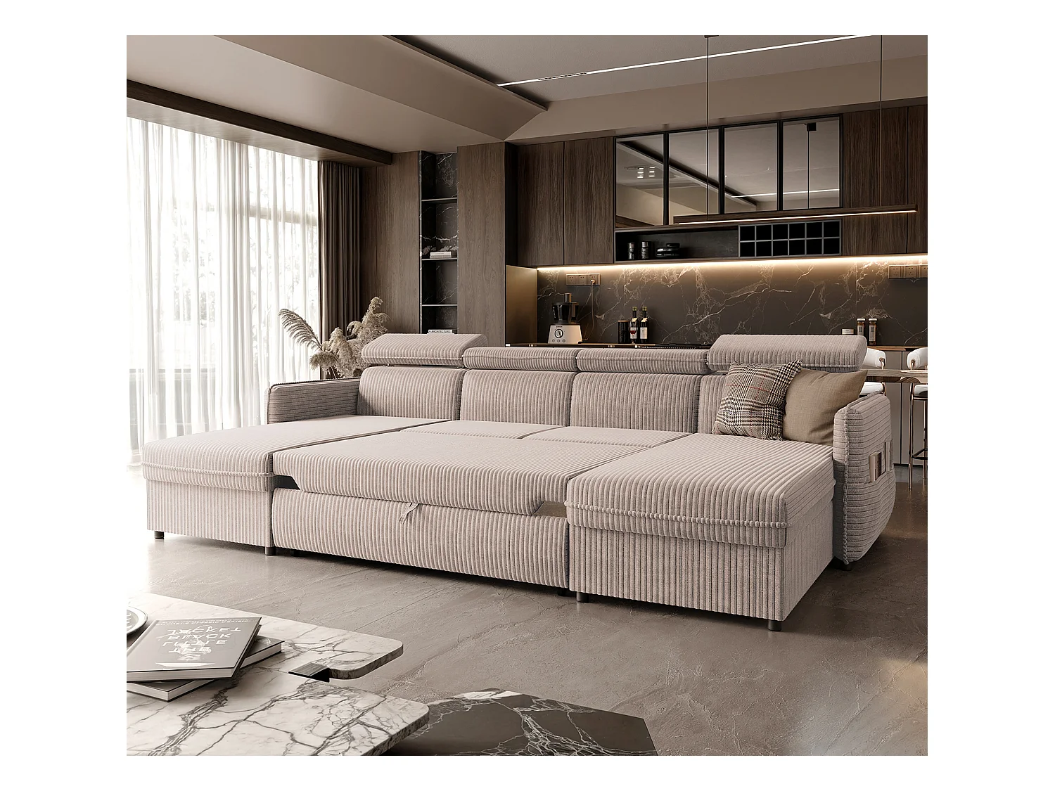 Canapé d'angle Beni U convertible en tissu Beige