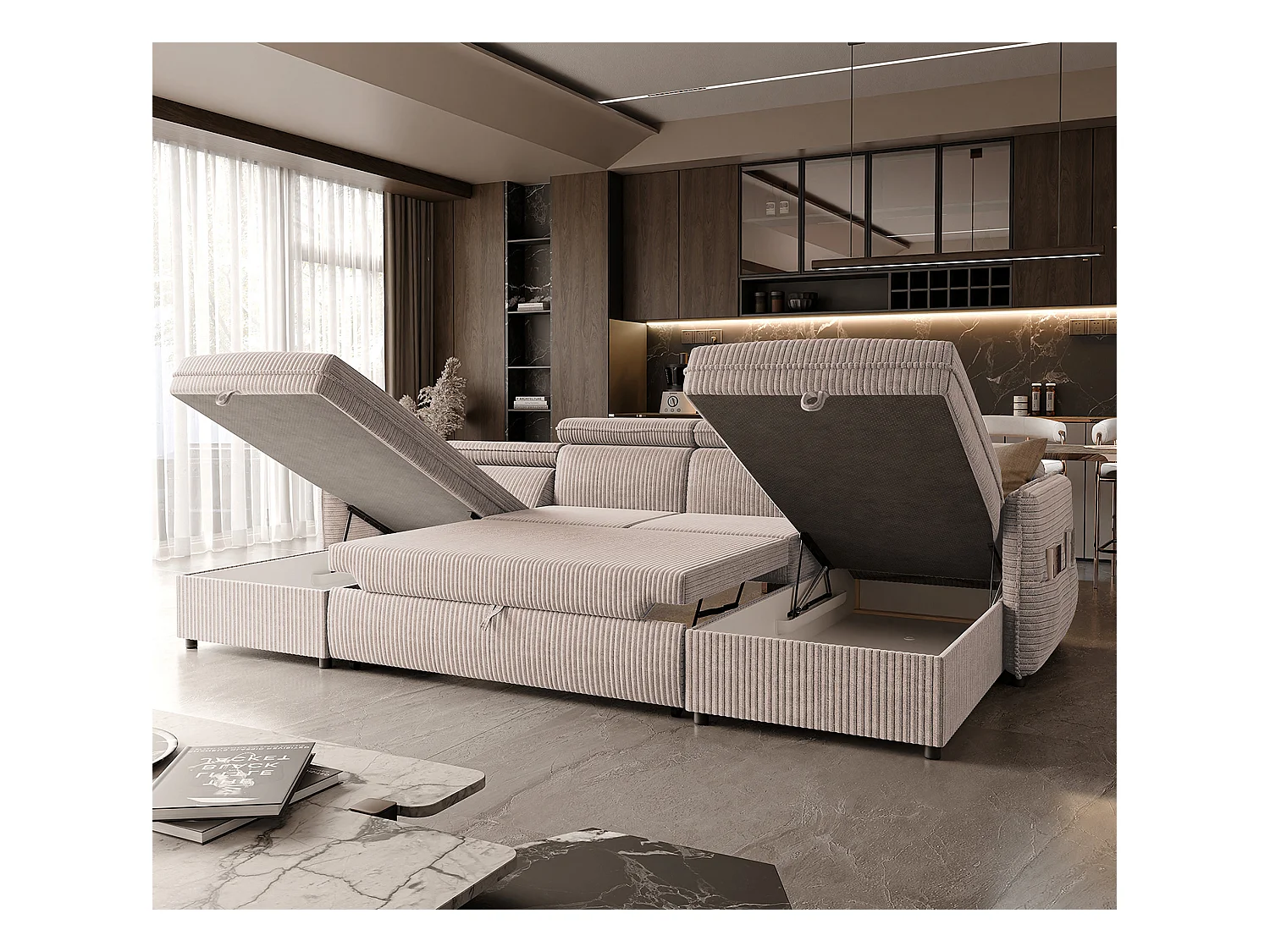 Canapé d'angle Beni U convertible en tissu Beige