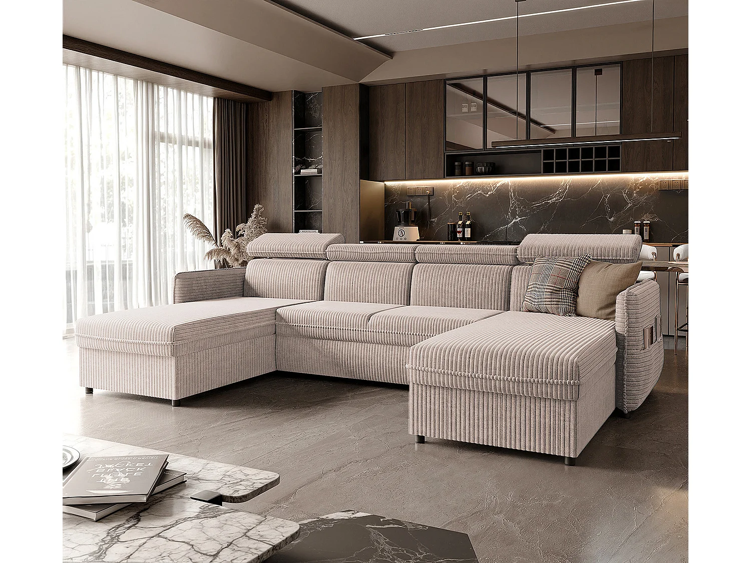 Canapé d'angle Beni U convertible en tissu Beige