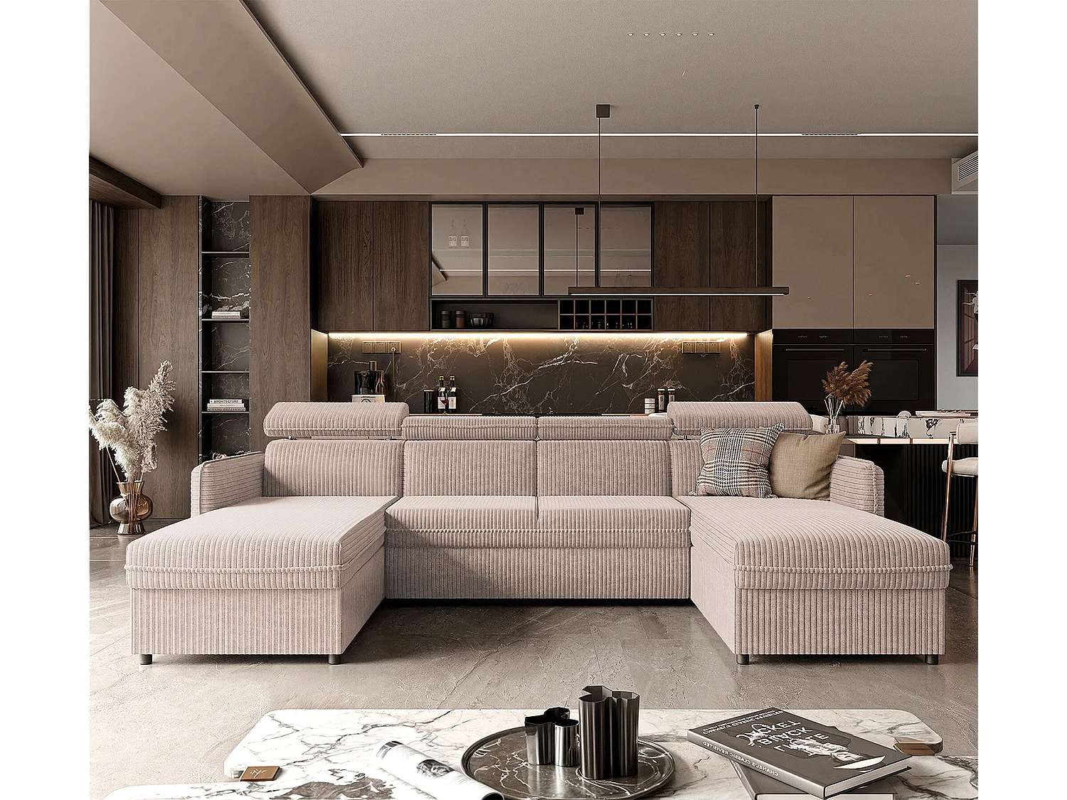 Canapé d'angle Beni U convertible en tissu Beige