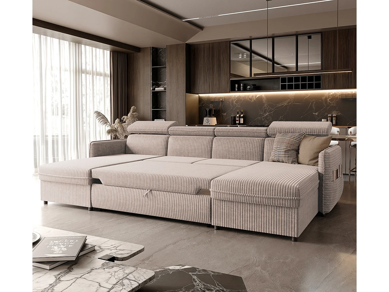 Canapé d'angle Beni U convertible en tissu Beige