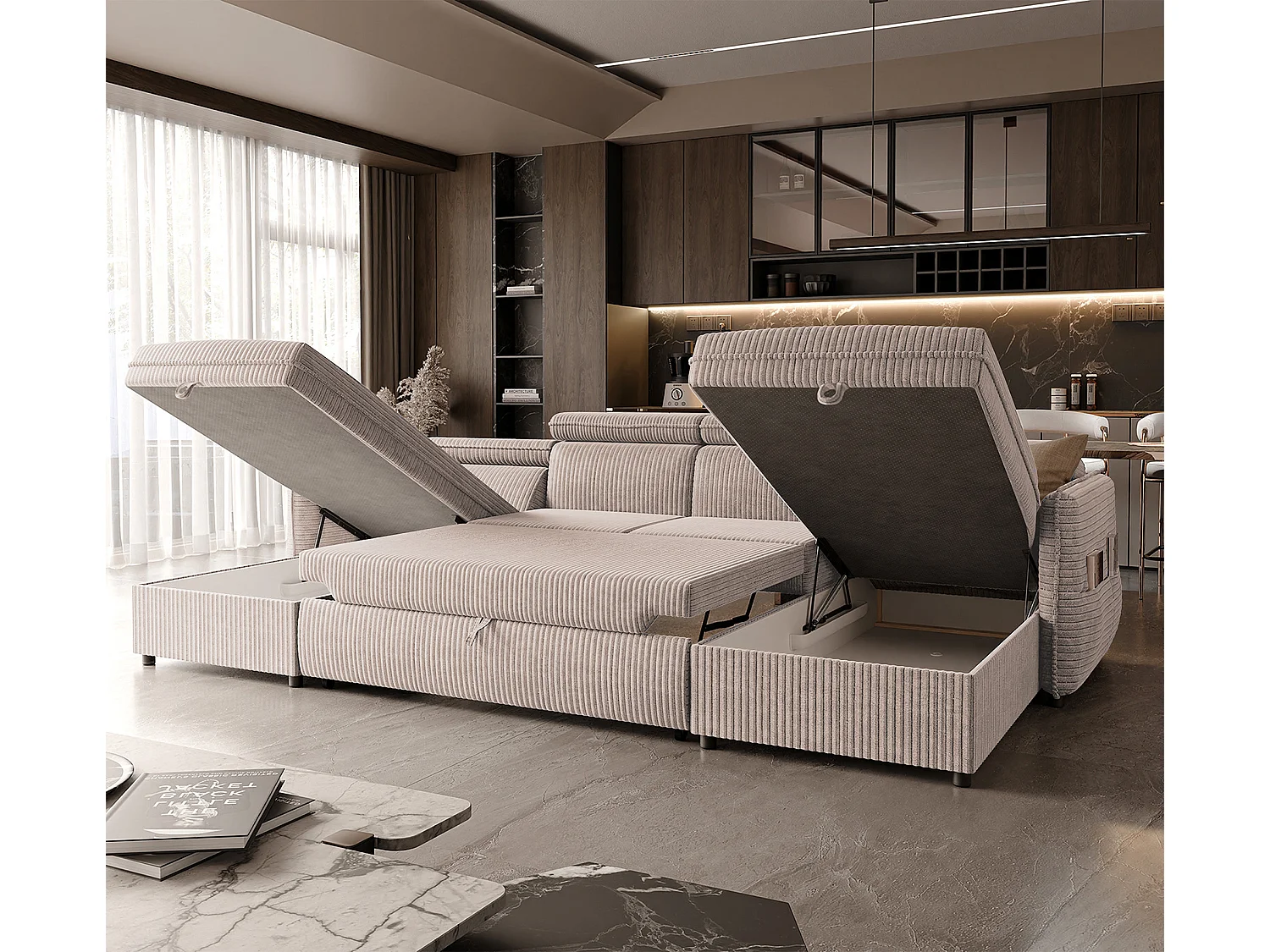 Canapé d'angle Beni U convertible en tissu Beige